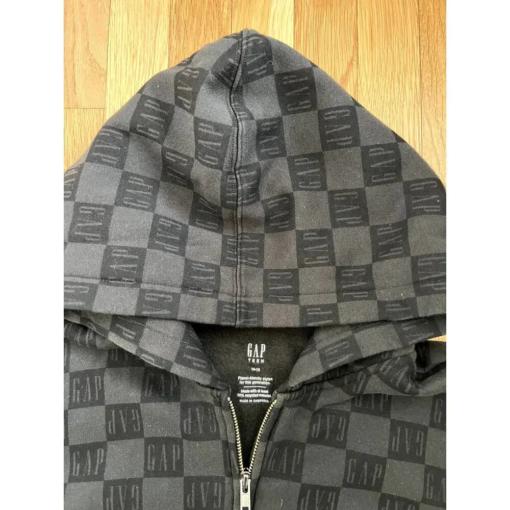 Gap Teen Black Checkerboard Logo Crop Zip Up Hooded Sweatshirt (size 14-16)